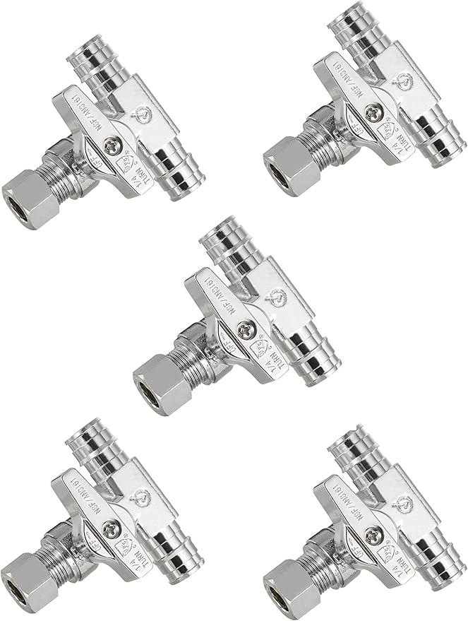 5-Pack EFIELD Pex A Expansion Stop Tee Valve 1/2" PEX-A x 1/2" PEX-A x 3/8 Inch OD Compression,Chrome Plated,(VALVE132-5PCS)
