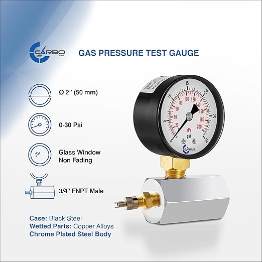 Gas Test Pressure Gauge 30 Pound, 30 PSI / 200 kPa, 3/4” FNPT Connection, Brass Valve, Chrome Plated Steel Body Assembly.