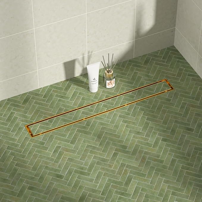 Linear Shower Drain 24", Brushed Gold Floor Drain with Tiled Insert Grate & Hair Strainer, 304 Stainless Steel Bathroom 2-in-1 Tiled in Drain, CUPC Certified (Brushed Gold, 24'')