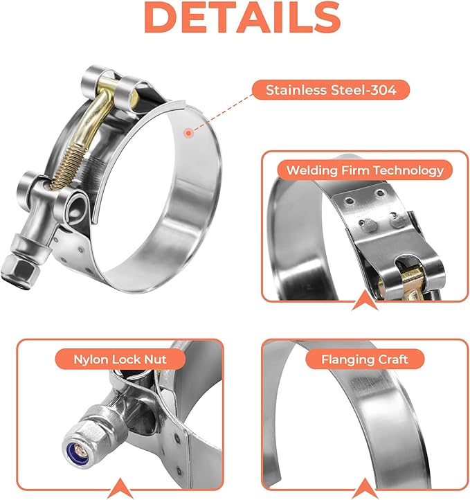 2 Pack 2.25" T-Bolt Hose Clamps, 304 Stainless Steel Turbo Intake Clamp, Working Range 2.48"-2.80"(63mm-71mm) for 2.25" I.D. Hose with 5mm Wall Thickness.(Measure hose O.D. before buying)