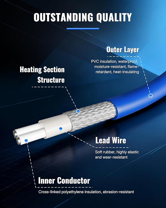 60FT Water Pipe Heating Cable, 5W Constant Power Self-Regulating Heating Cable, 5W/FT, IPX7 Waterproof, Auto-On/Off, for Metal and Plastic Water Pipes, Freeze Protection, 120V U60HC06