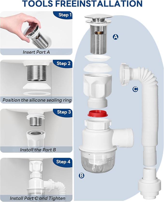 BOTEMY Brushed Bathroom Sink Drain Kit with Flexible Sink Drain Pipe -No Tool Installation,11.8-28.4" Anti-Odor Expandable Sink P-Trap,1.25"-1.5" Pop Up Stopper &Strainer Hair Catcher(with Overflow)