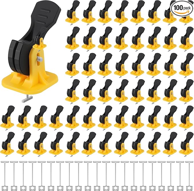 Nuanchu Tile Leveling System Kit 100 Reusable Tile Spacers + 100 1/16'' Replaceable Spare Steel T-pin, Leveling Clips Fit 8-12mm Floor Compounds Set for Wall & Floor (Yellow)