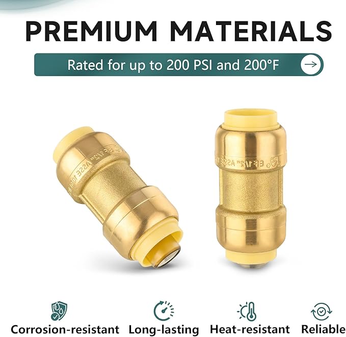 100-Pack Niikappu Push Fit Fittings, 1 Inch x 1 Inch Brass Plumbing Fittings to Connect PEX, Copper, CPVC, Brass Straight Coupling With Disconnect Clip