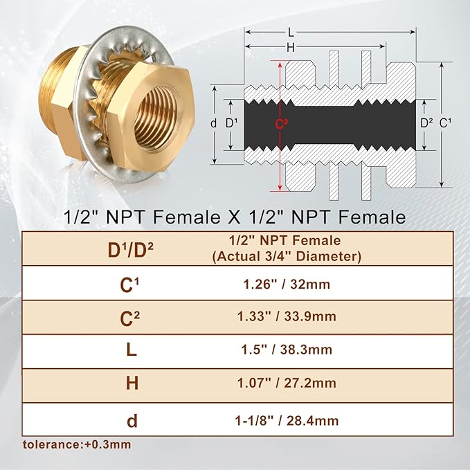 2pcs Brass Bulkhead Fittings 1/2” NPT Female to 1/2” NPT Female Thread Bulkhead Straight Connector Brass Coupling 1.5” Length Outer Diameter 1-1/8” Bulkhead Tank Air Hose Line Pipe Fittings