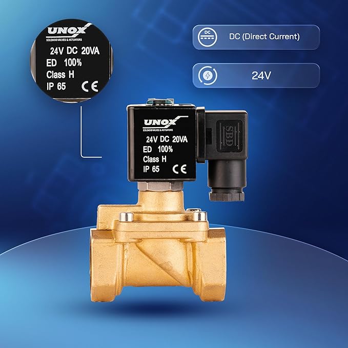 UNOX 3/4" NPT Solenoid Valve 24V DC, Brass Control Valve Normally Closed - 7-232 PSI Multi-Purpose Reliable Control Valve for Water and Air - Solenoid Valves