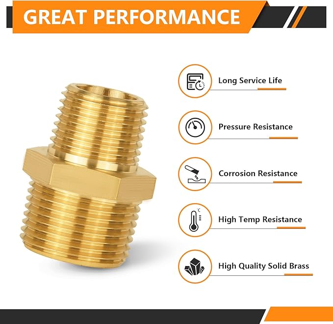 10-PCs HeSun Brass Hex Nipple Pipe Fitting, 3/4" NPT Male x 1/2" NPT Male Hex Pipe Adapter