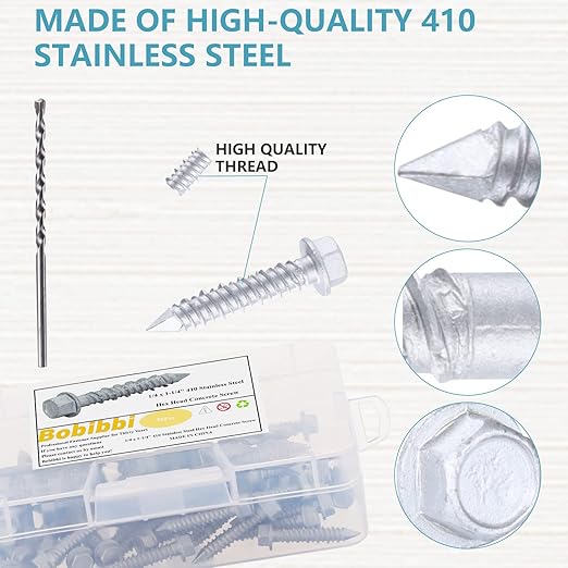 1/4 x 1-1/4" 410 Stainless Steel Hex Head Tapcon Concrete Screw Anchor, for Anchoring to Masonry, Block or Brick (50Pcs/Box)