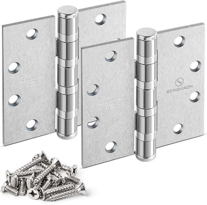 Satin Chrome 4.5 Inch Heavy Duty Commercial Hinges Square Radius Corners Brushed Silver Door Hinges 4 ½"x 4 ½" Ball Bearing Door Hinges for Interior Exterior Door - 3 Pack