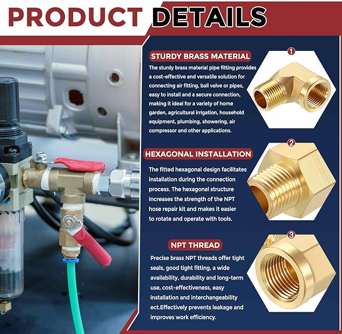 Pack of 2, 90° 1/2" FNPT to 1/2" MNPT Solid Brass Barstock Street Elbow W/Sealing Tape, Forged Pipe Fitting for Pipe Leak Repair, Bathroom Remodeling, Tool Extension, Compression