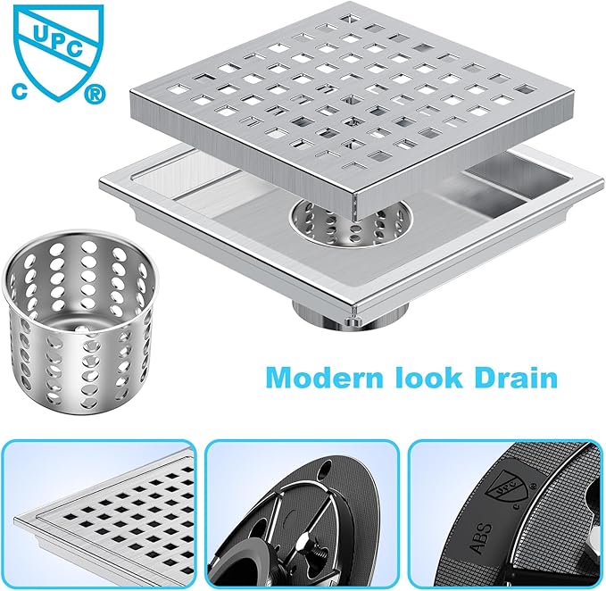 6 Inch Square Shower Floor Drain,304 Stainless Steel Square Shower Drain, High Flow Design CUPC & Watermark Certified(Brushed Nickel, 6 in)