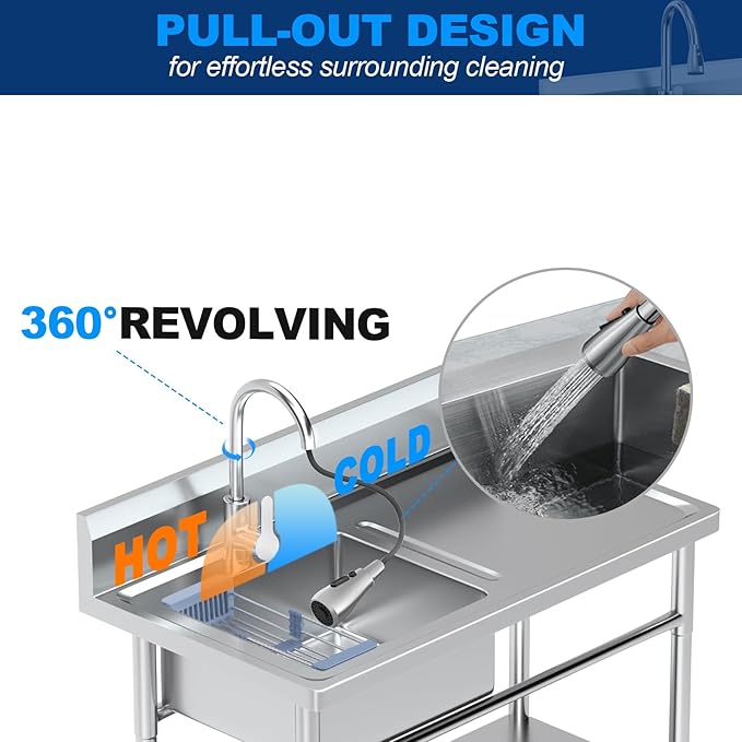 Stainless Steel Utility Sink Freestanding Single Bowl Laundry Sink with 360° Swivel Pull-Out Sprayer Faucet, Hot and Cold Water Plumbing Workbench for Laundry Room Farmhouse