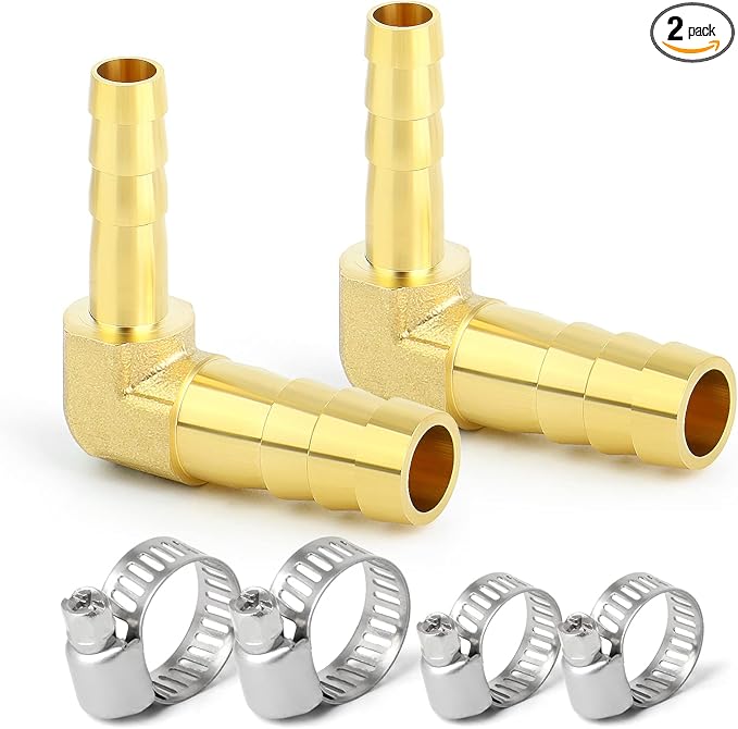 GASHER 2 Pieces Brass Hose Barb Reducer, 3/8 Inch to 1/4 Inch Barb Hose ID 90 Degree L Right Angle Elbow with 4 Hose Clamps, Brass Barb Reducer SPLICER Fitting Fuel/AIR/Water/Oil/Gas/WOG
