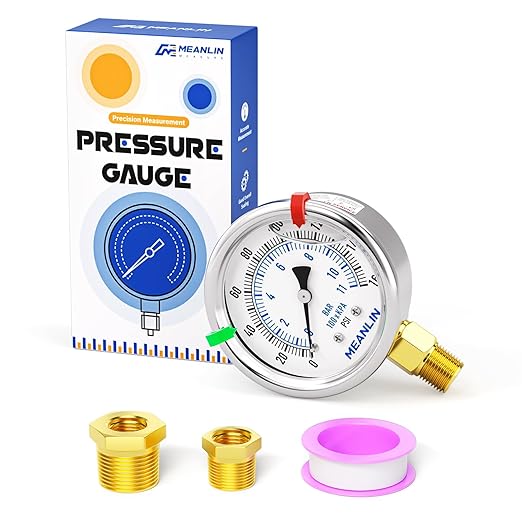 MEANLIN MEASURE 0~160Psi Liquid Filled Pressure Gauge Stainless Steel 1/4" NPT 2" FACE DIAL for Air Compressor RV Regulator Water Pressure Tester Lower Mount, with Hex Bushing and 2PCS Snaps
