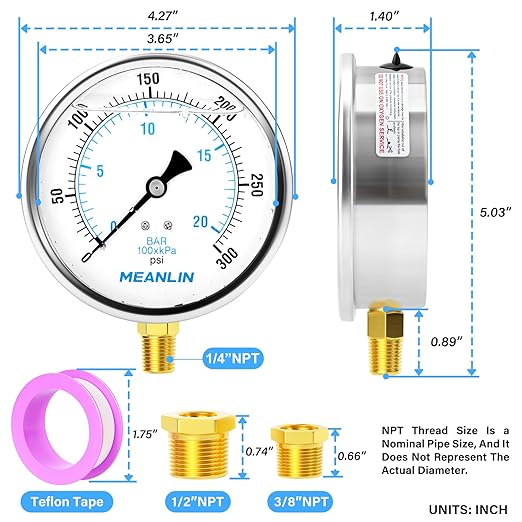 MEANLIN MEASURE 0~300Psi Stainless Steel 1/4" NPT 4" FACE DIAL Liquid Filled Pressure Gauge WOG Water Oil Air Lower Mount, with 1/4" x 1/2" NPT and 1/4" x 3/8" NPT Hex Bushing