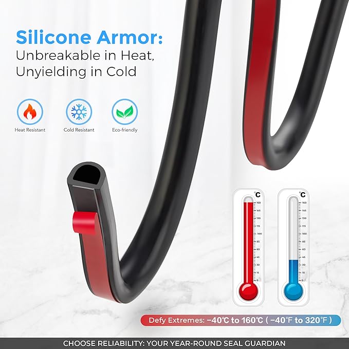 Silicone D-Shaped Weather Stripping Door Seal, 23FT Self Adhesive Door Insulation Strip, Fits Gaps up 1/4 to 15/32", for Door Frame & Window Seal (Black, 9/16" W × 15/32" T)