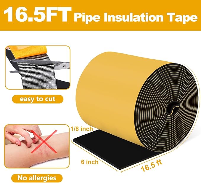 DEMEDO Pipe Insulation Tape, Pipe Wrap Insulation Foam Tape Self Adhesive, Outdoor Water Pipe Insulation Roll for HVAC, AC Line Insulation, 6 inch x 16.5 FT Heat Tape for Water Pipe, Black