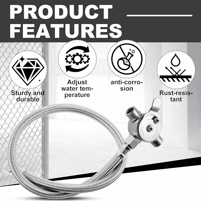 1 Pcs 3/8" Manual Mixing Valve Hot Cold Water Temperature Mixer Thermostatic Mixing Valve for Home and Bathroom Below Deck to Adjust Water Temperature, 2 Braided Faucet Connector Included
