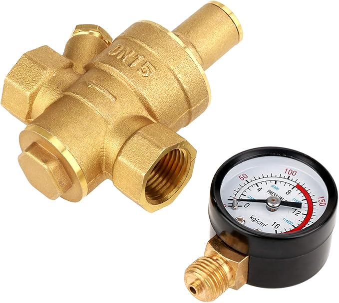 Water Pressure Regulator Valve, DN15 Brass RV Adjustable Water Pressure Reducer With Meter for RV Travel Trailer