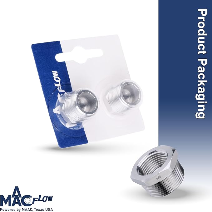 MAACFLOW Stainless Steel 3/8" Male NPT to 1/8" Female NPT Adapter Reducer Hex Bushing (Thread OD 0.65" - ID 0.34") (pack of 2)