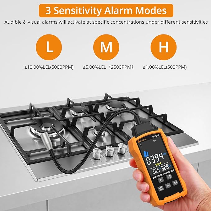 Neoteck Natural Gas Detector 0-9999PPM/0%-20% LEL Gas Leak Detector with 12” Gooseneck Combustible Gas Detector with 3 Sensitive Modes Test Methane Propane Gasoline for Gas Pipeline Gas Stove and RV