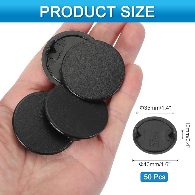 uxcell 50Pcs Plastic Hole Plugs, 1-2/5"(35mm) Flush Type Panel Round Screw Caps Cover Fastener Knockout Locking Plugs for Furniture Insert End Caps Panels, Black