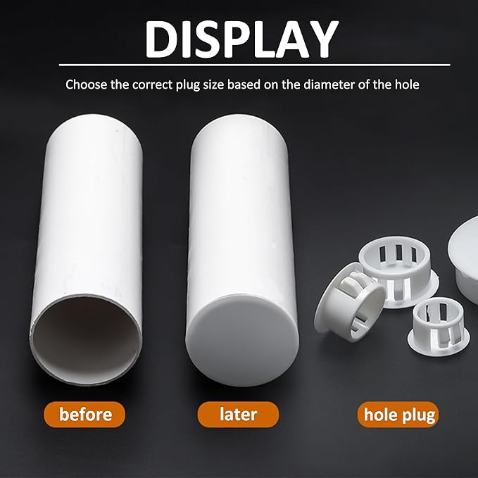300Pcs 5 Sizes Plastic Hole Plugs 3/16" 1/4" 5/16" 3/8" 1/2", Hole Plugs for Round Holes, Snap in Knockout Locking Screw Hole Covers, Base Plugs, Furniture & Cabinet Hole Cap -White