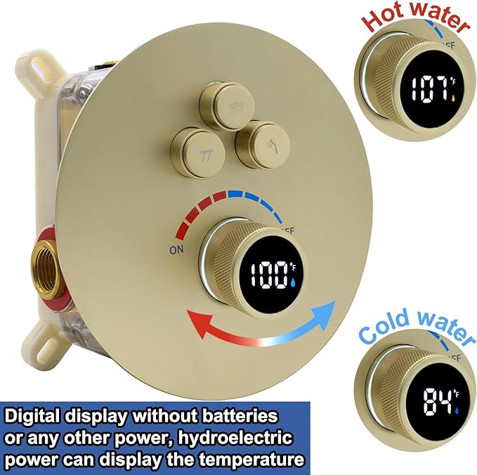 Round Digital Display Shower Valve 3 Way Shower Mixing Valve Concealed Installation Can Use All the Time Brushed Gold