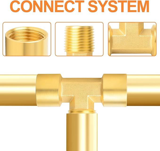 GASHER 2PCS Metals Brass Pipe Fitting Barstock Male Branch Tee T Adapter 1/2" NPT Female x 1/2" NPT Female x 1/2" NPT Male