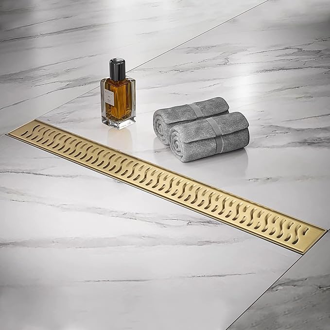 Linear Shower Drain 48 inch, Floor Drain with Removable Pattern Grate, 304 Stainless Steel Rectangular Linear Drain with Hair Strainer, CUPC Certified, Brushed Gold, SD-103