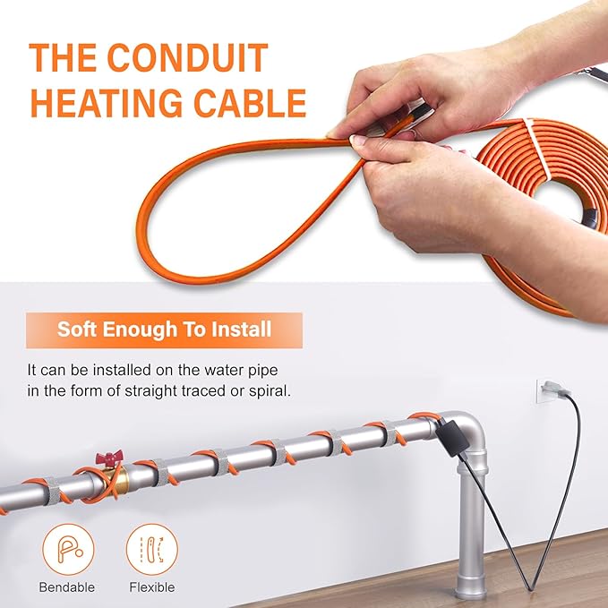 Cupohus Heat Tape for Water Pipes with Thermostat 6FT, Freeze Protection Self-Regulating Heat Trace Cable for Metal, Plastic Home Pipes, Roof and RV, 110-120V