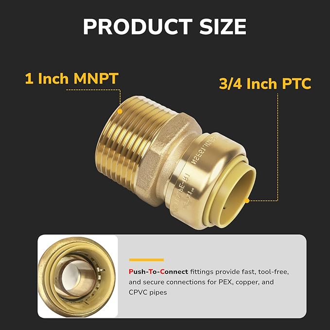 3/4" PTC to 1" NPT Male Reducing Adapter Push-Fit, Push to Connect Brass Plumbing Fitting for Copper, CPVC, PEX Pipes, With Upgraded Stiffener, Disconnect Clip Included, NSF & UPC Certified