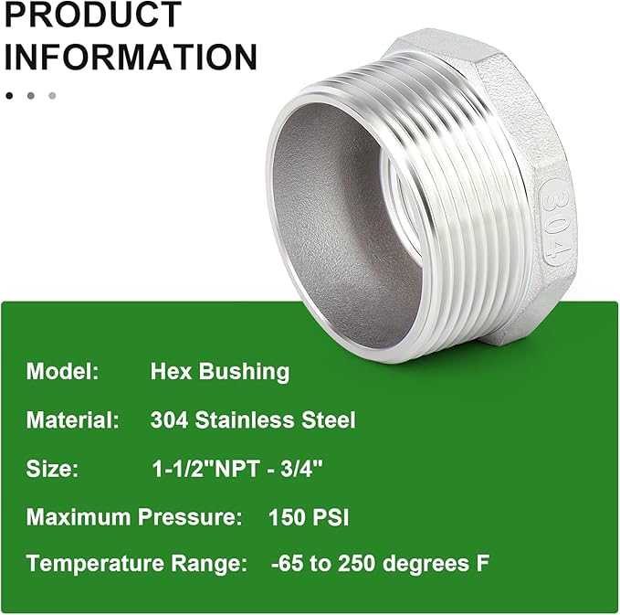 TAISHER 2PCS 304 Stainless Steel Reducer Hex Bushing, 1-1/2" NPT Male x 3/4" NPT Female, Reducing Pipe Adapter Fitting
