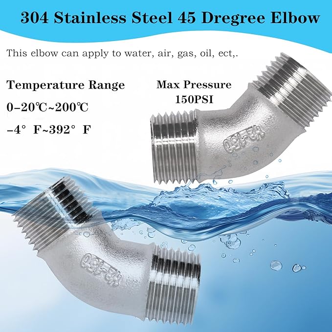 2PCS 304 Stainless Steel 45 Degree Elbow, 1/2" NPT Male Pipe to 1/2" NPT Male Coupler, Heavy Duty Forged Street Elbow Adapter Pipe Fittings, Class 150