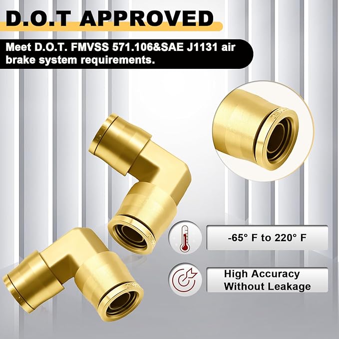 Siptenk 3PCS 1/2" Elbow DOT Brass Push to Connect Fittings, Air Brake Line Quick Connect for Truck Trailers Industry Air System