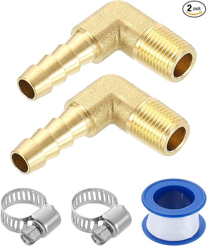 uxcell 2Pcs Brass Hose Barb Fittings, 1/4" x 1/8" NPT 90 Degree Elbow Hose Connector with Hose Clamps for Water Fuel Gas Oil Transportation