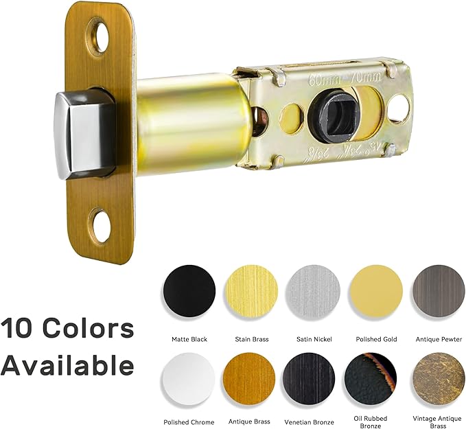 Antique Brass Adjustable Door Latch 60 or 70mm, 45° Turning Angle, Door Lock Replacement Parts with Door Strike Plate, Wood Dowel, Dust-Boxes