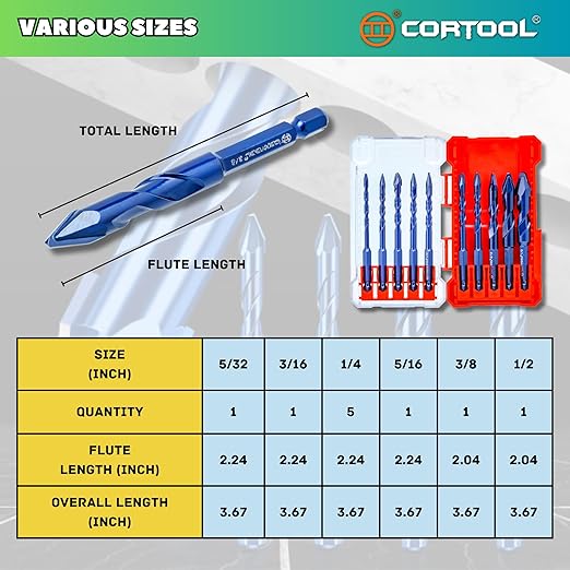 Masonry Drill Bits Set, Drill bits for Tile, Brick, Plastic, Cement, Wood, Glass & Soft Metal, 10Pcs Crooked Head Eccentric Drill Bit Set, Size 5/32",3/16",1/4" x5,5/16",3/8",1/2", Concrete Drill Bit