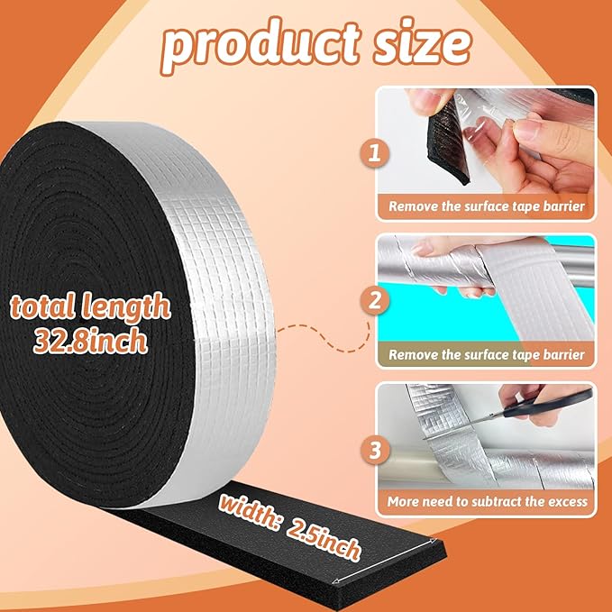 Pipe Insulation Tape Roll, 2.5" Wide X 32.8 Ft Outdoor Pipe Foam Insulation Tape with Aluminum Foil, Self Adhesive Pipe Insulation Wrap for Hot and Cold Water Pipe Insulation in Winter