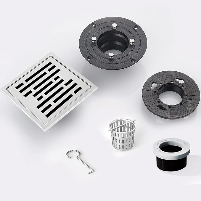 6 Inch Square Shower Floor Drain, Shower Drain Kit with Flange, Square Shower Drain, SUS 304 Stainless Steel Floor Drain,Silver