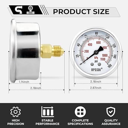 0-160 Psi Glycerin Liquid Filled Low Pressure Gauge, 2.5" Dial Size, 1/4" NPT Back Mount, 304 Stainless Steel Case, for Water Pipe, HVAC, Water Oil Air Pressure Test