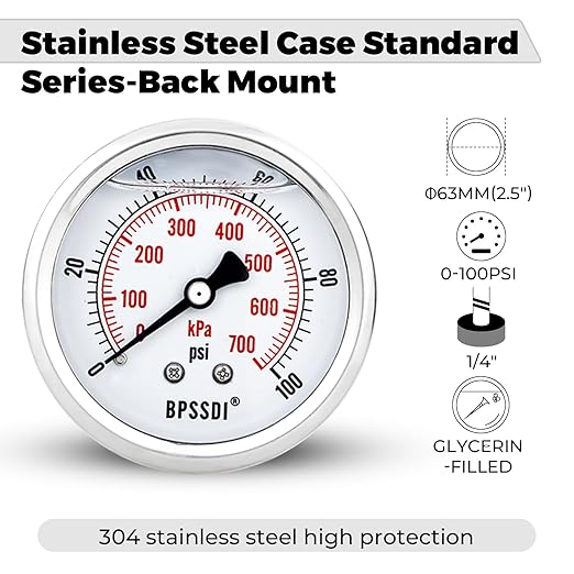 0-100Psi Glycerin Liquid Filled Low Pressure Gauge, 2.5" Dial Size, 1/4" NPT Back Mount, 304 Stainless Steel Case, for Water Pipe, HVAC, Water Oil Air Pressure Test