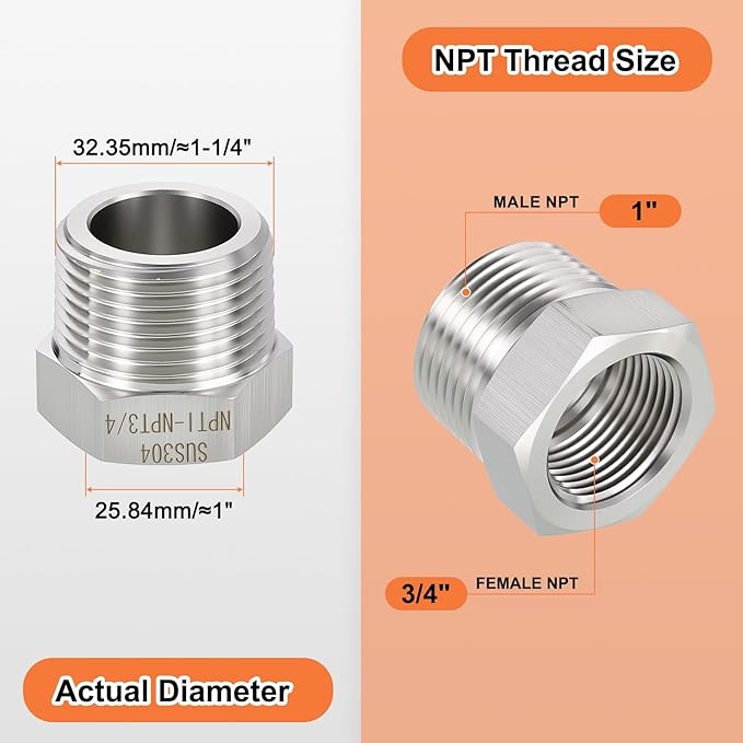 1 Pack 304 Stainless Steel Male to FeMale Adapter, 1" Male NPT x 3/4" FeMale NPT Hex Bushing Reducer for Industrial, Automotive, Fluid Transfer, Home Gardening, Water Treatment