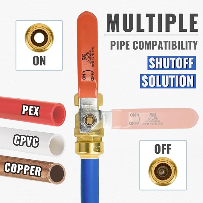 SUNGATOR 3/4 Inch Ball Valve, 3/4" Shut off Valve, No Lead Brass Push-to-Connect Plumbing Fittings, Full-Port Fit for PEX Pipe, Copper, CPVC, PE-RT, Pack of 2