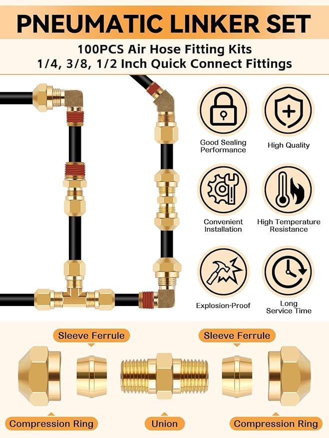 100PCS Brass DOT Air Line Fittings, Kalolary NPT Brass Hose Fitting for 1/4" 1/8" 3/8" 1/2" Push To Connect Fittings with NPT Threads Brake Line Fitting Repair Kit for Industrial Air System