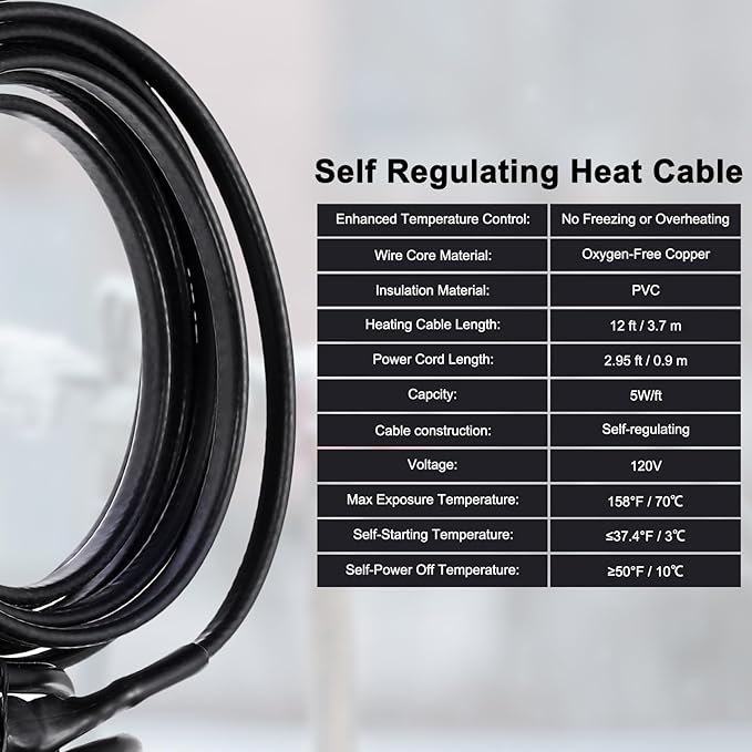 MECCANIXITY 12FT Self-Regulating Water Pipe Heat Tape,5W/Ft 120V Electric Plugs 3 Prong Heating Trace Cable for Metal and Plastic Pipe Freeze Protection Keeps Water Flowing