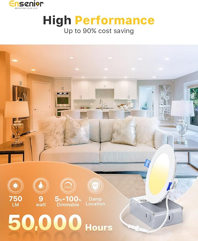 Ensenior 12 Pack 4 Inch LED Recessed Ceiling Light, Dimmable, 5000K Daylight, 750LM 9W 120V, High Brightness Canless Wafer Downlight - ETL&FCC&IC