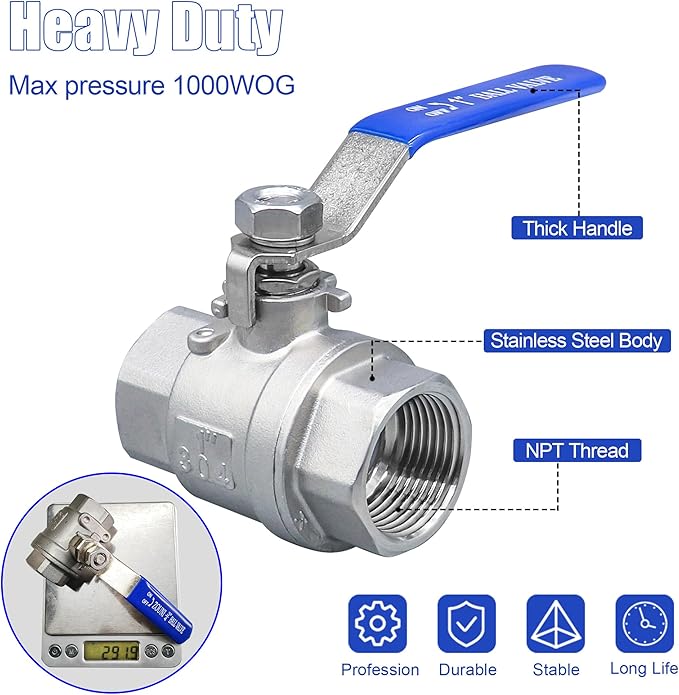 3/4 Inch Ball Valve, Premium 304 Stainless Steel Full Port Forged NPT Ball Valve for Water Oil and Gas with Long Handle Shut Off Switch, 1000 WOG (2, FNPT x FNPT 3/4")