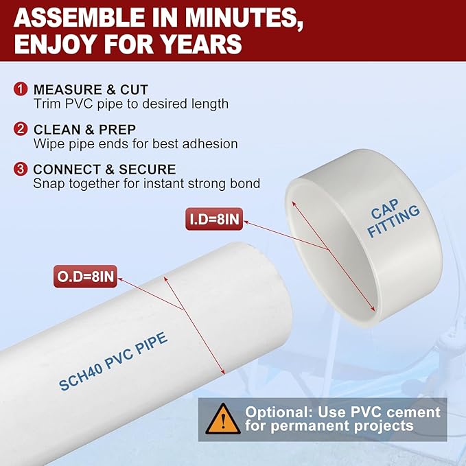 2 Pcs 8" PVC External End Cap Fitting, SCH40 Furniture Grade PVC Pipe Plug Adapter, Pipe Cover Fittings for DIY Project, Irrigation System, Plumbing Framework, Garden Structures