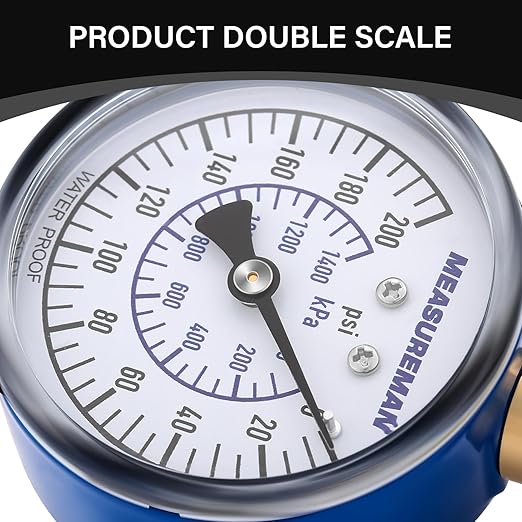 MEASUREMAN Blue 0-200 PSI Water Pressure Gauge, 2-1/2'' Dial, Hose bib Pressure Gauge, Home Water Pressure Tester, Durable 3/4” Hose Thread, Water Pressure Gauge for Home
